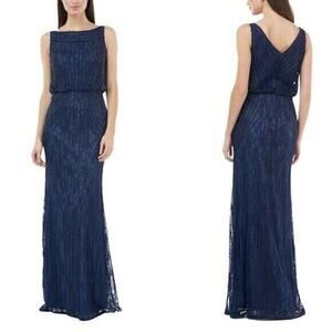 JS Collections Boat Neck Embellished Blouson Gown Size 6 Navy NWOT